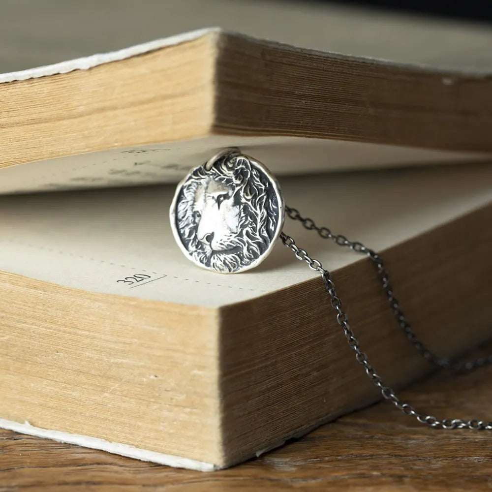 MKENDN Punk Style 100% 925 Sterling Silver Creative Retro Lion Head Coin Pendant Necklace Men Women King Jewelry