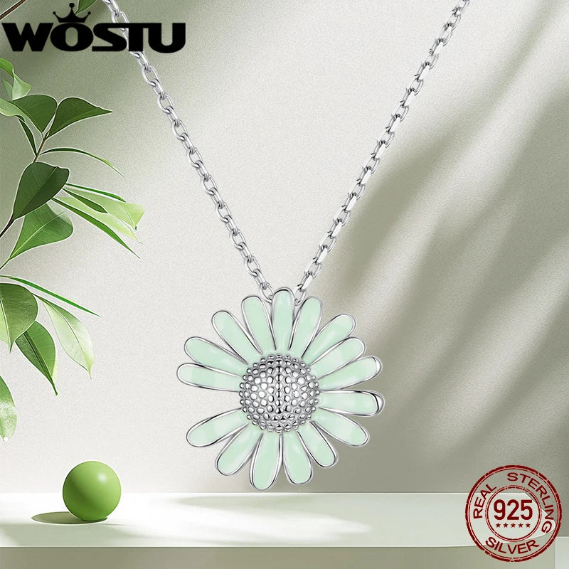 WOSTU Real 925 Sterling Silver Daisy Flower Necklace Gifts for Women, Green Enamel process Flower Pendant Party Xmas Jewelry New