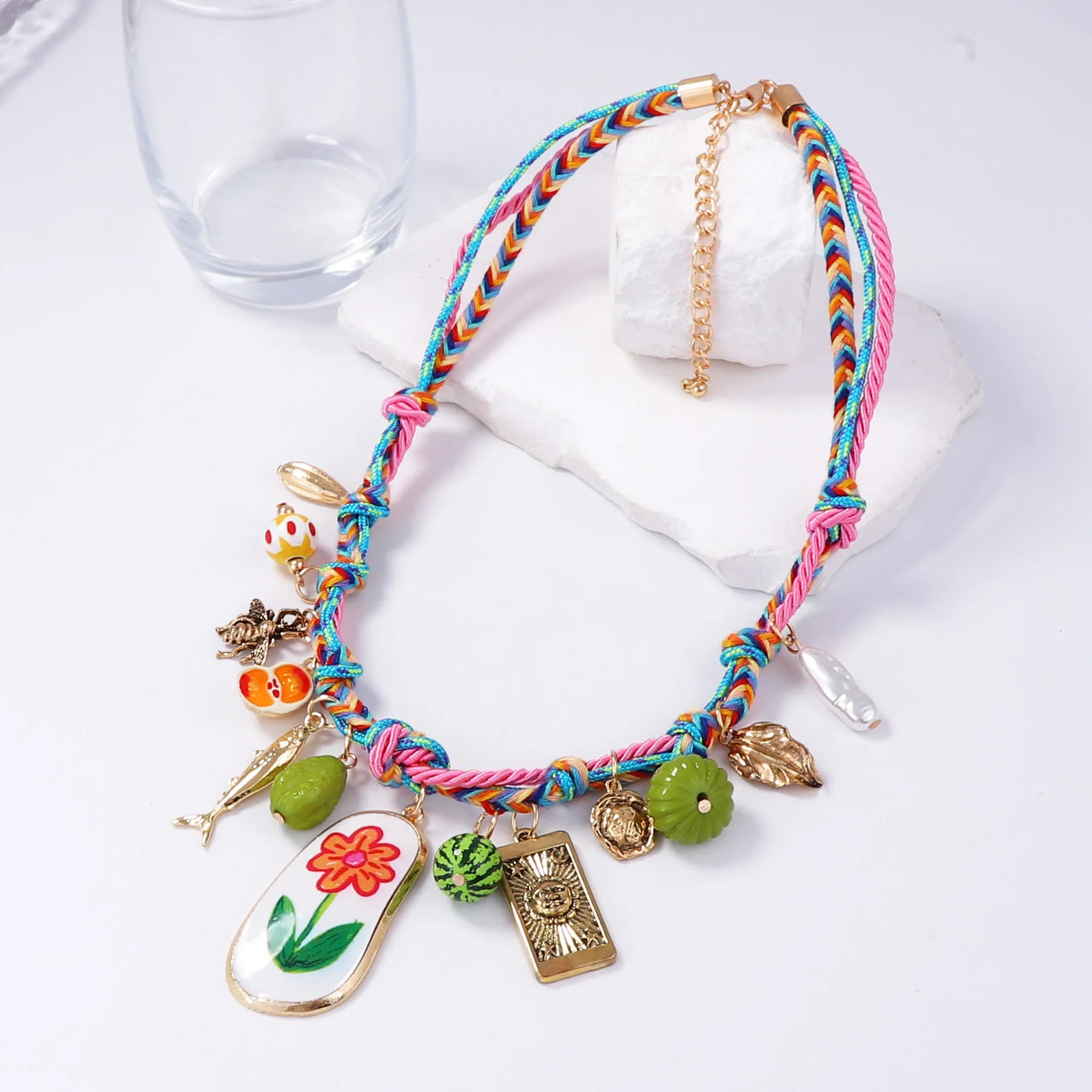 Summer Colored Hand Woven Rope Alloy Flower Fruit Pendant Necklace