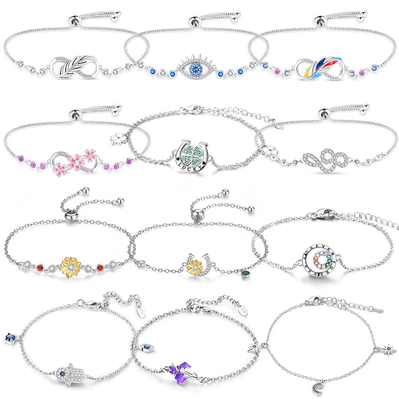 Trendy Bracelet For Women 925 Silver Sparkling Lucky Infinite Symbol Sakura Sunflower Butterfly Pendant Bracelet Wedding Jewelry