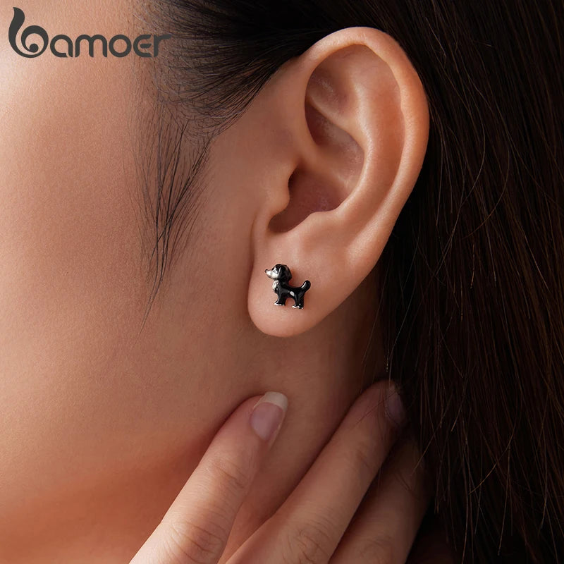 BAMOER 925 Sterling Silver Cut Border Collie Stud for Pet Lover, Enamel Black Playful Dog Piercing Hypoallergenic Earrings
