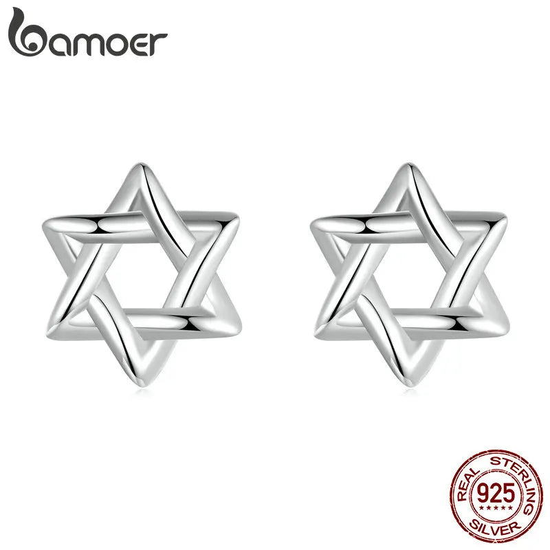 BAMOER Solid 925 Sterling Silver Star of David Earrings Star Shape Minimalist Small Studs Daily for Women Fashion Jewelry