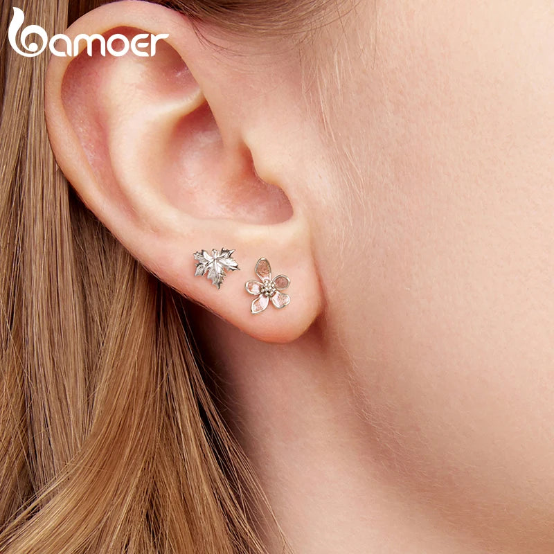 BAMOER 925 Sterling Silver Falling Maple Leaves Stud Earrings For Women , Autumn Themed Flower Leaf Shape Piercing Earrings