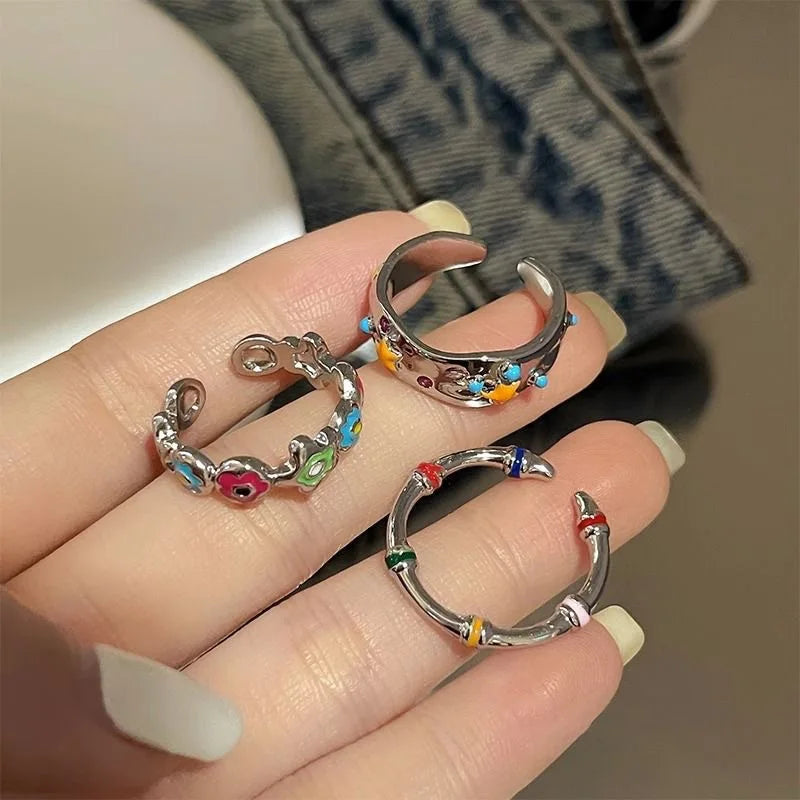 Vintage Colorful Flower Star Rings For Women 3 Pcs Dripping Oil Adjustable Opening Finger Ring Set Party High Sense Jewelry