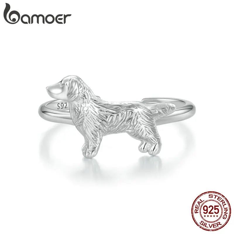 BAMOER 925 Sterling Silver Golden Retriever Ring, Gold Plated Adjustable Rings Animal Puppy Dog Jewelry Gifts for Pet lovers