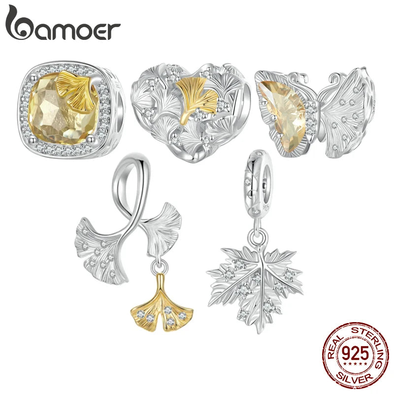 BAMOER 2024 Autumn Collection 925 Sterling Silver Ginkgo Leaf Charm Beads Butterfly Heart Shaped Charm fit Original Bracelet DIY
