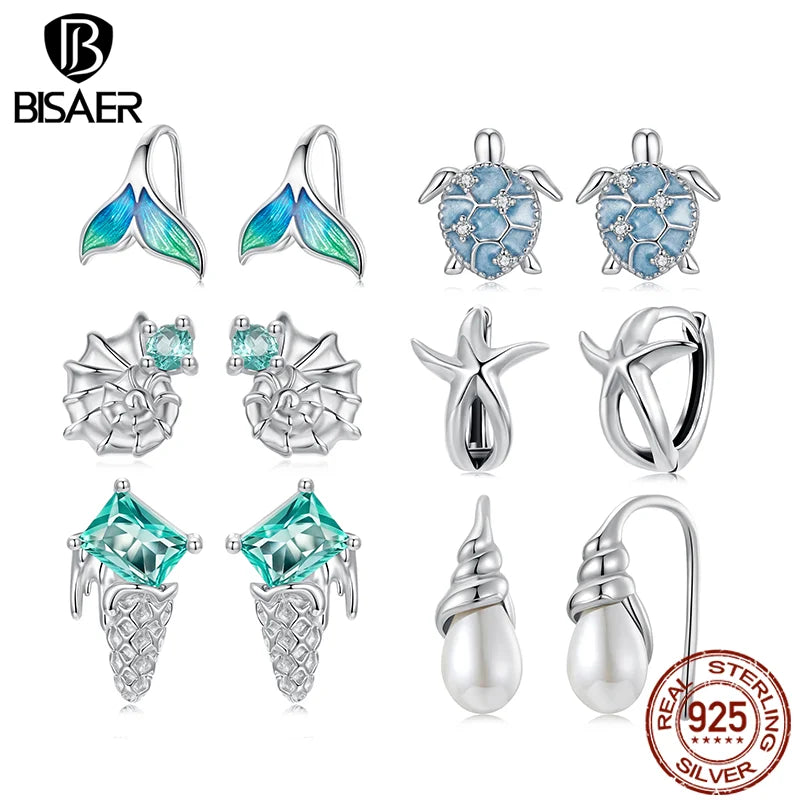 BISAER 925 Sterling Silver Turtle Stud Earrings Ice Cream Starfish Mermaid Hoop Earrings for Party Fine Jewelry Holiday Gift