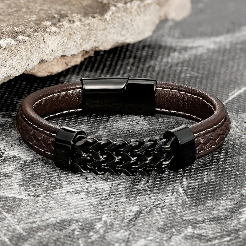 MKENDN Locomotive Men Stainless Steel Biker Link Chain Charm Leather Bracelet Punk Rock Wristband Fashion Accessories Jewelry