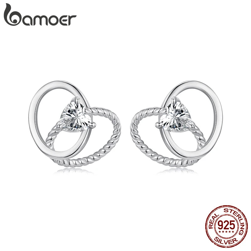 BAMOER 925 Sterling Silver Elegant Interlocking-Ring Heart Stud Earrings, Hypoallergenic Gold Plated Earrings Fine Jewelry Gift