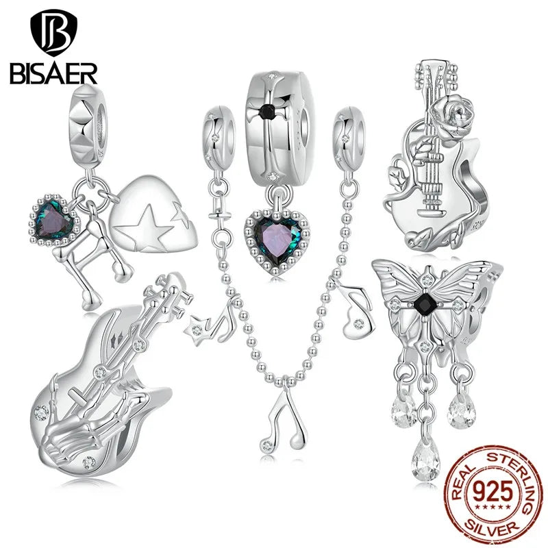 BISAER 925 Sterling Silber Kreuz Schmetterling Anhänger Totenkopf Hand Bass Rockmusik Charms Perlen Fit Frau DIY Armband Edlen Schmuck