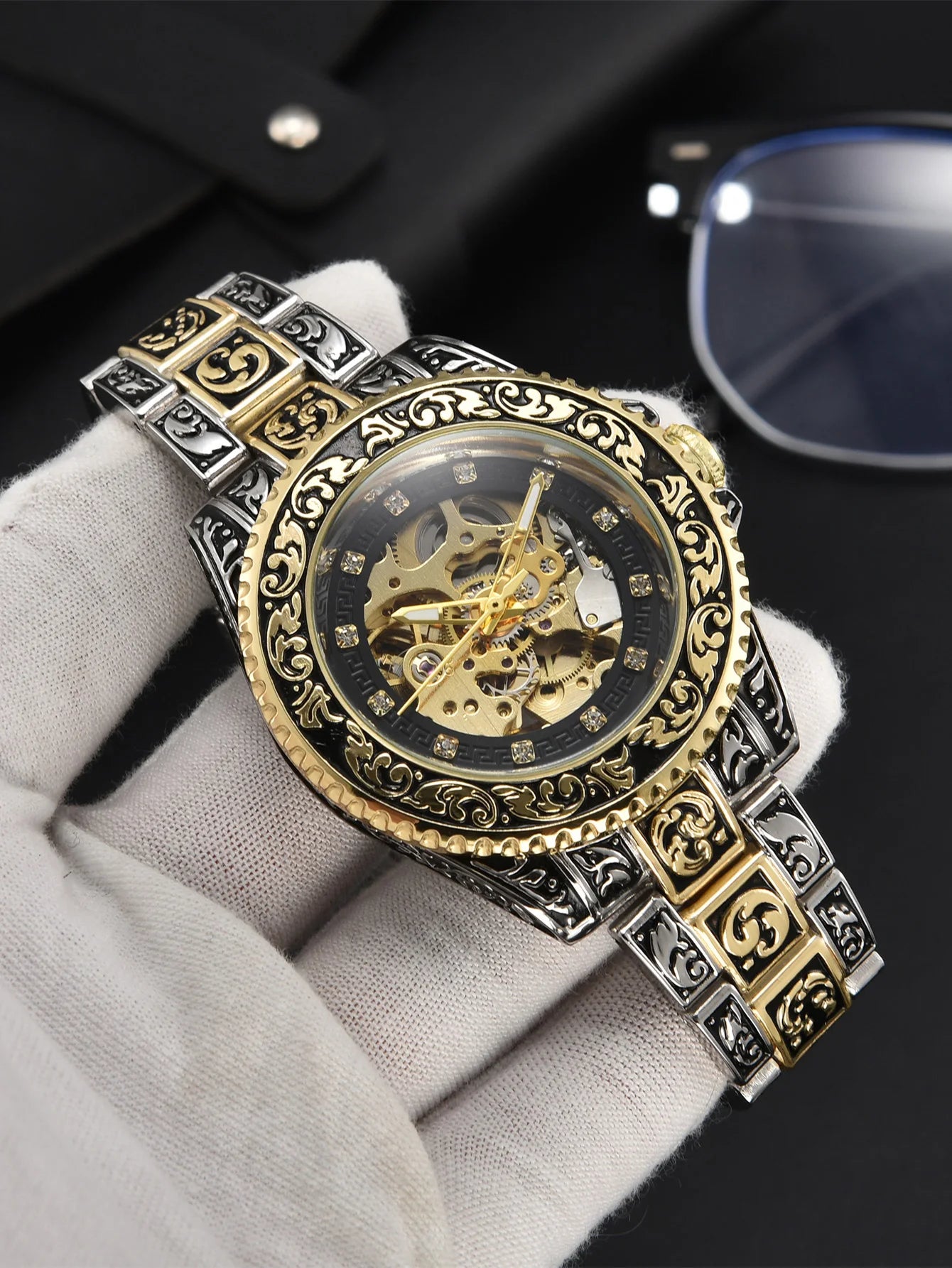 LONGLUX automatic watch retro luxury mechanical watches alloy carve wholesale waterproof no logo mens watch men gift