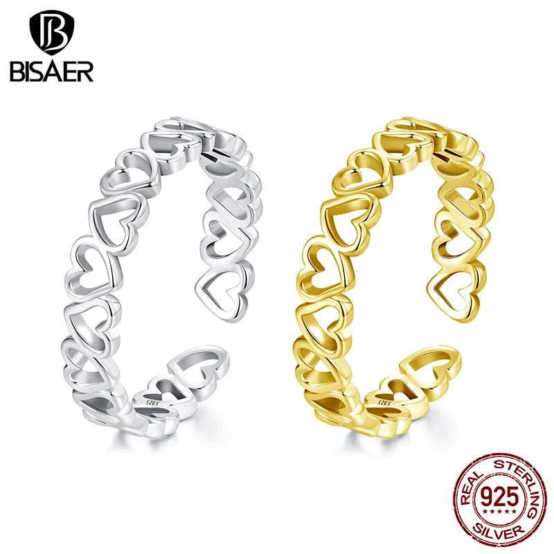 BISAER 925 Sterling Silver Hollow Heart Open Ring Eternal Love Band Adjustable Size 5-9 Plated Gold for Women Party Fine Jewelry