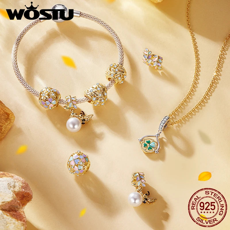 WOSTU 925 Sterling Silver Tow Tone DIY Bee Pendant Lucky Four-Leaf Clover Charm Colorful Leaves Bead Fit Original Bracelet Neck