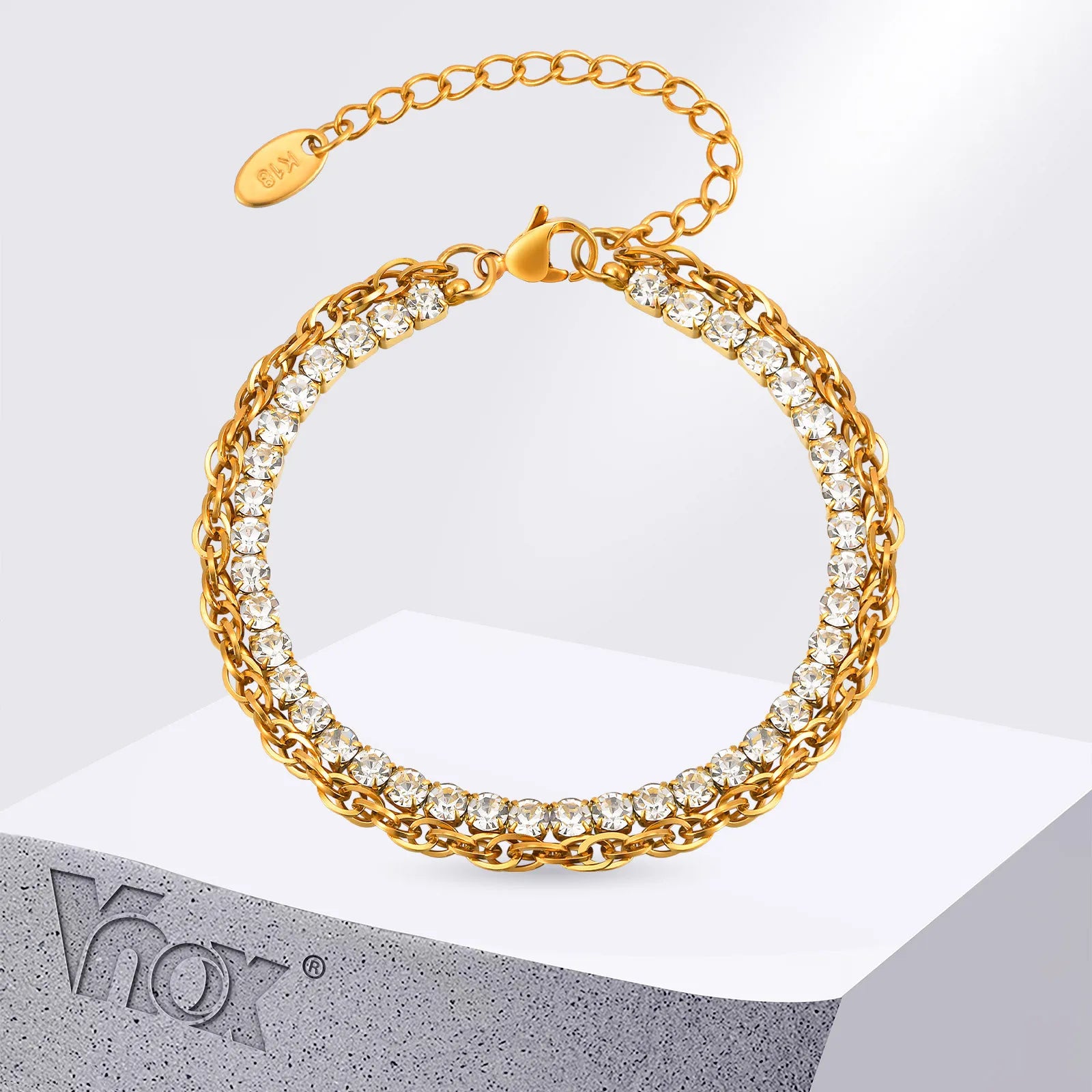 Vnox Stainless Steel Cubic Zirconia Chain Bracelet For Women Double Layer Twist Chain Charm Bracelet Luxury Jewelry Girls Gifts