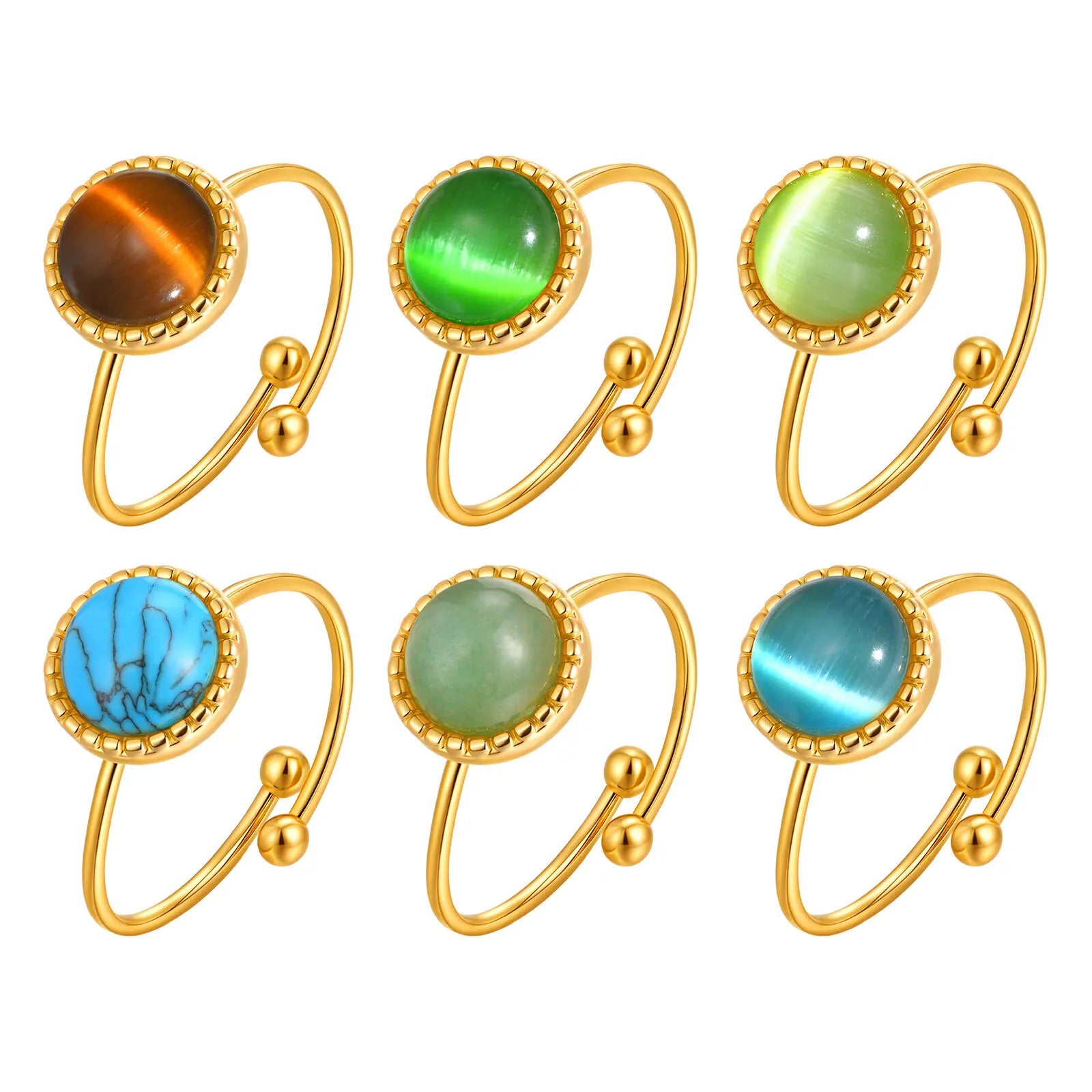 Vnox Vintage Gold Color Stainless Steel Women Opal Rings,Exquisite Multiple Round Stone Never Lose,Finger Open Rings Jewelry