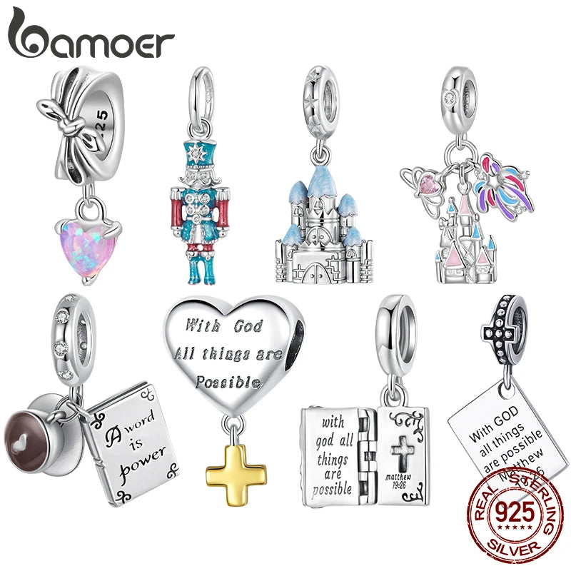 BAMOER 925 Sterling Silber Romantischer Schlossanhänger Rosa Schleifen-Zwischenperlen Kreuz-Glaubensanhänger für Halskette DIY Schmuckzubehör