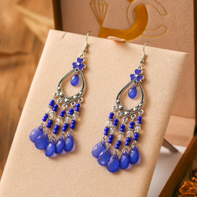 New Bohemian Long Rice Bead Water Drop Earrings for Women Ethnic Retro Drop Oil Hollow Dangle Earrings Vacation Party Jewelry