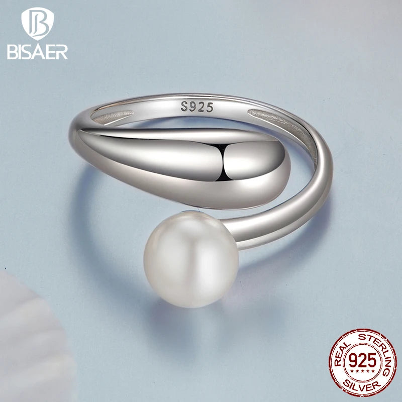 BISAER 925 Sterling Silver Pearl Open Ring Minimalist Metal Adjustable Band Plated White Gold for OL Women Party Fine Jewelry