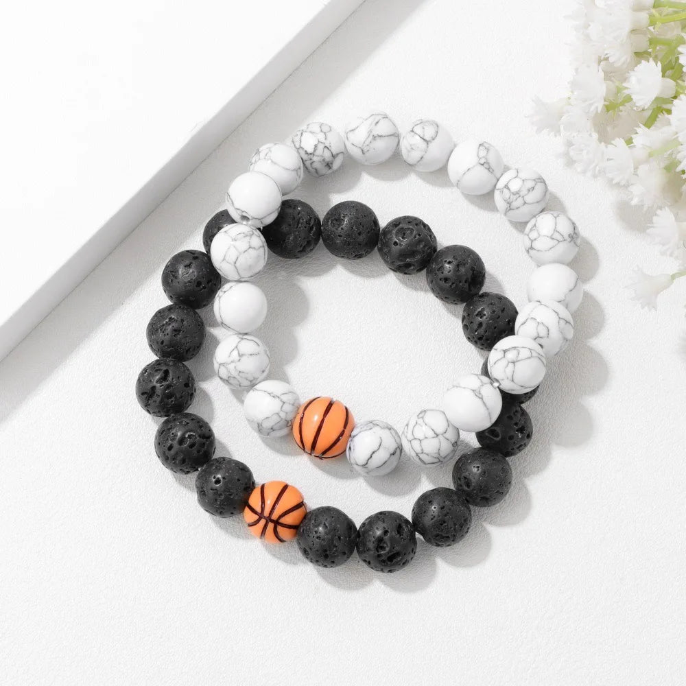 New 2Pcs Men Bracelet Set 10mm White Howlite Lava Stone Strand Braslet Basketball Football Baseball Braclet Handmade Pulseria