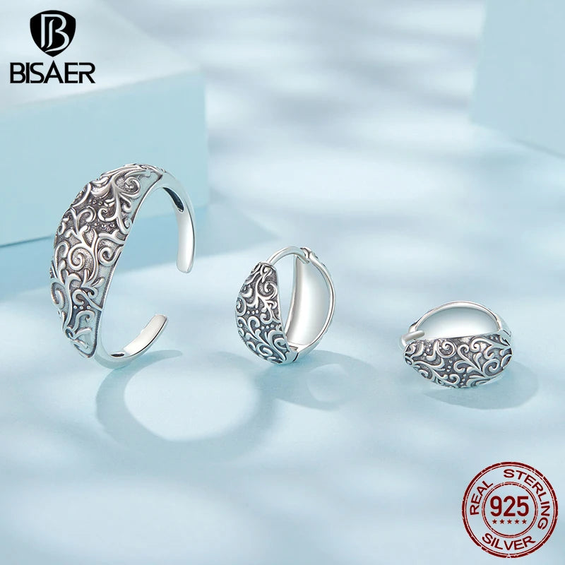 BISAER Boucles d'oreilles créoles à motif rétro 100 % argent sterling 925 avec anneau ouvert et motif vintage pour femme, bijoux fins originaux, cadeau de fête