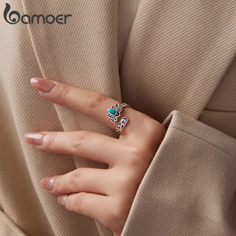 Bamoer 925 Sterling Silber Lotus Türkis Offener Ring Verstellbarer Retro-Muster Breiter Ring für Mutter Geburtstagsgeschenk Weihnachtsschmuck