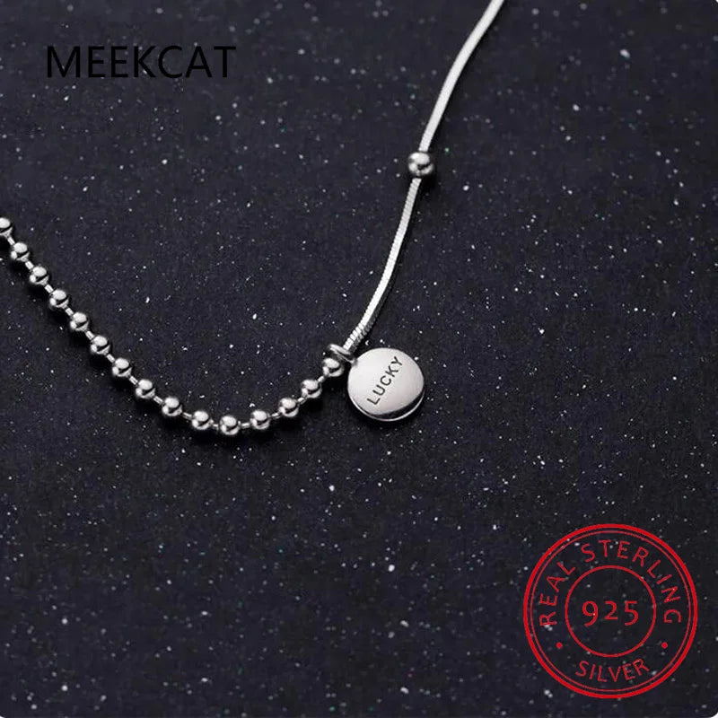 Real 925 Sterling Silver Disc Round Letter LUCKY Pendant Choker Necklace For Women Fine Jewelry Geometric Accessories