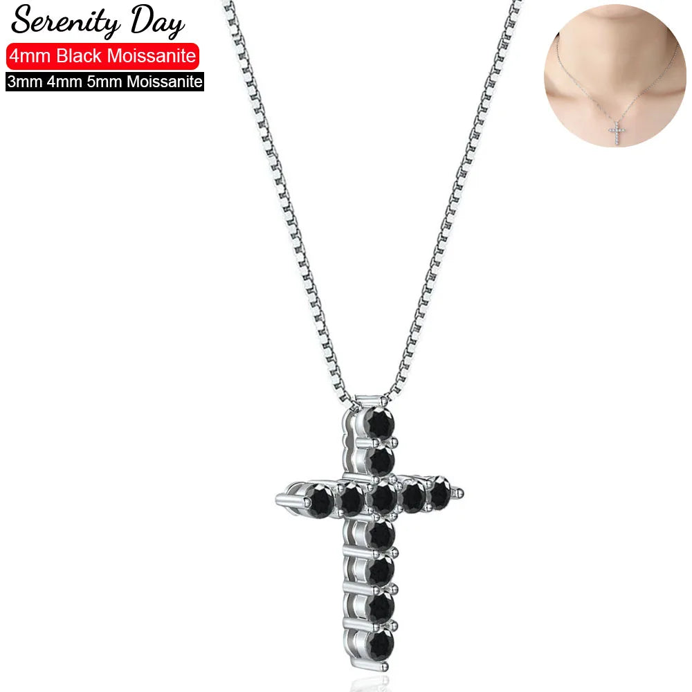 Serenity 3mm 4mm 5mm Black Moissanite Cross Pendant Necklace For Women Men 100% S925 Sterling Silver Jesus Neck Chain Plated 18K - Madeinsea©