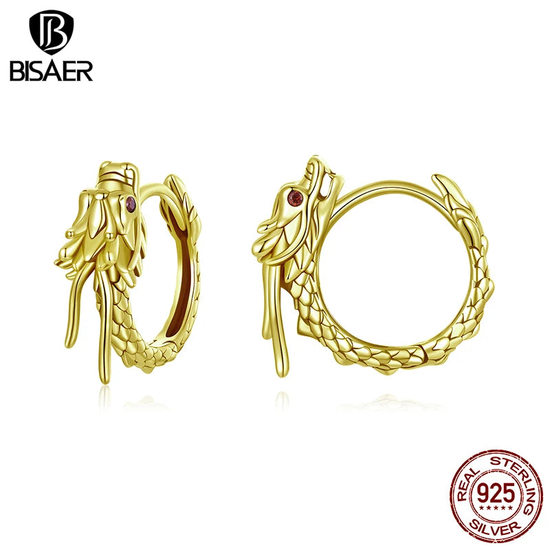 BISAER Solid 925 Sterling Silver Dragon Ear Buckles Vintage Lucky Animal Earrings Plated Gold for Women Men Fine Jewelry Gift