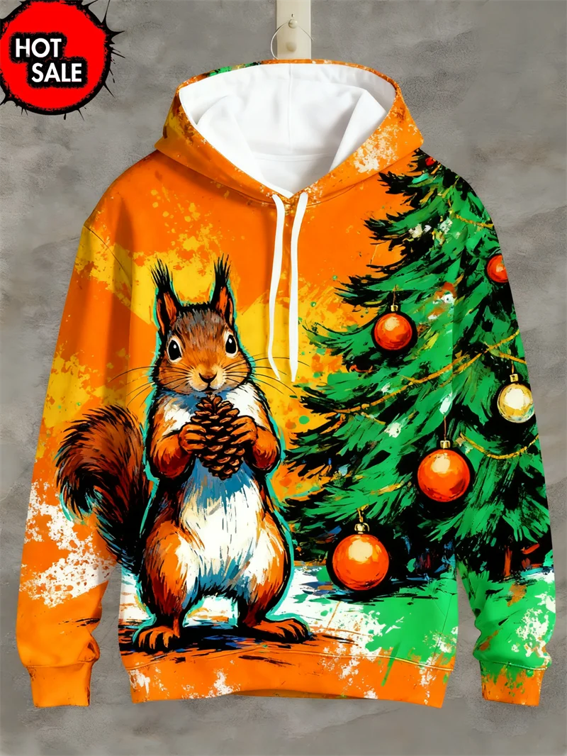 Funny Design Christmas Squirrel Deer 3D Printed Hoodies For Man Clothes Fashion New In Hoodie Santa Claus Cosplay Top Sweatshirt