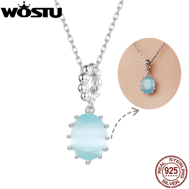 WOSTU 925 Sterling Silver Blue Crystal Sugar Pendant Charms For Bracelet Necklace Best Birthday Jewelry Gift Oval Cut Necklaces
