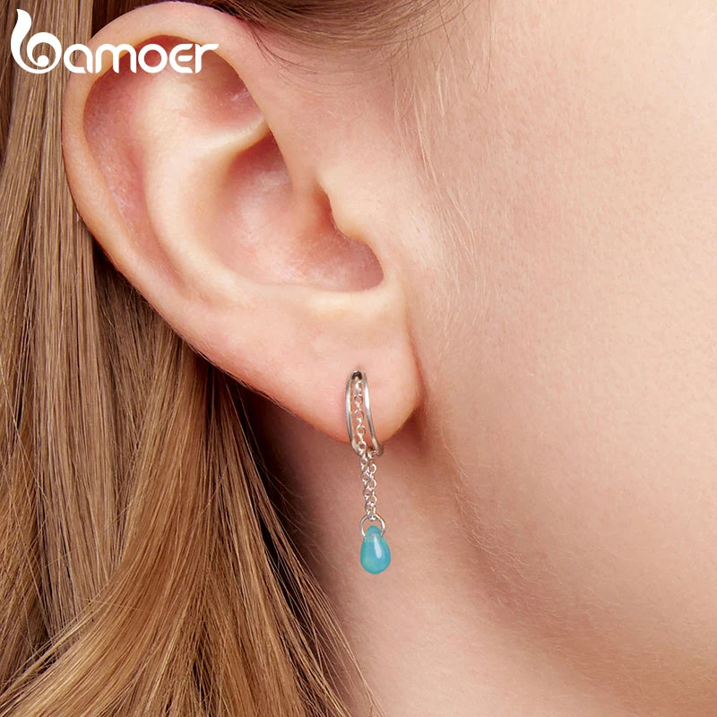 BAMOER Solid 925 Sterling Silver Glass Double-layer Teardrop Hoop Earrings Blue Glass Pendant for Women Hypoallergenic Jewelry