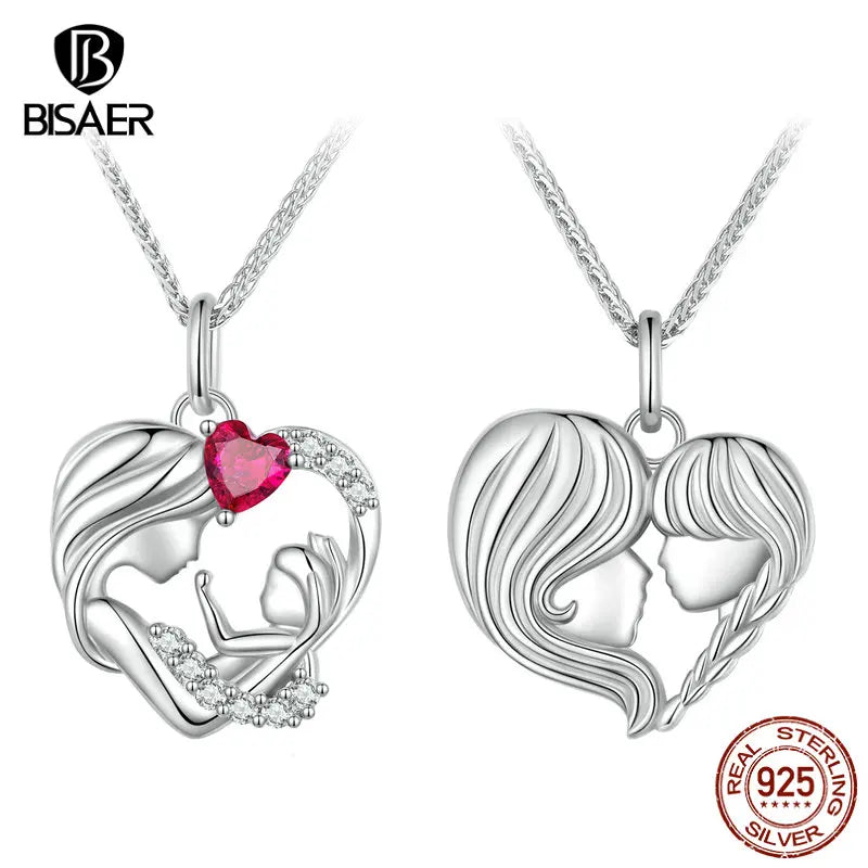 BISAER 925 Sterling Silver Mother & Child Pendant Necklaces Heart Charm Adjustable Chain For Women Mother's Day Birthday Jewelry