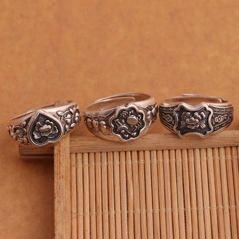 Buyee 925 Sterling Silber Original Design Ring Finger Geschnitzte Blume Offener Ring für Frauen Mann Mode Grau Feine Schmuck Kreis