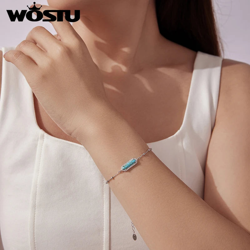 WOSTU Real 925 Sterling Silver Minimalist Rectangle Turquoise Bracelet For Women, Geometric Party Bracelet Fine Jewelry Gift