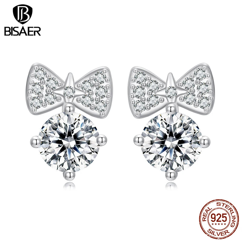 Boucles d'oreilles à tige en argent sterling 925 BISAER en forme de nœud papillon, boucles d'oreilles en zircon scintillant plaquées or blanc pour femmes, bijoux fins de fête, cadeau