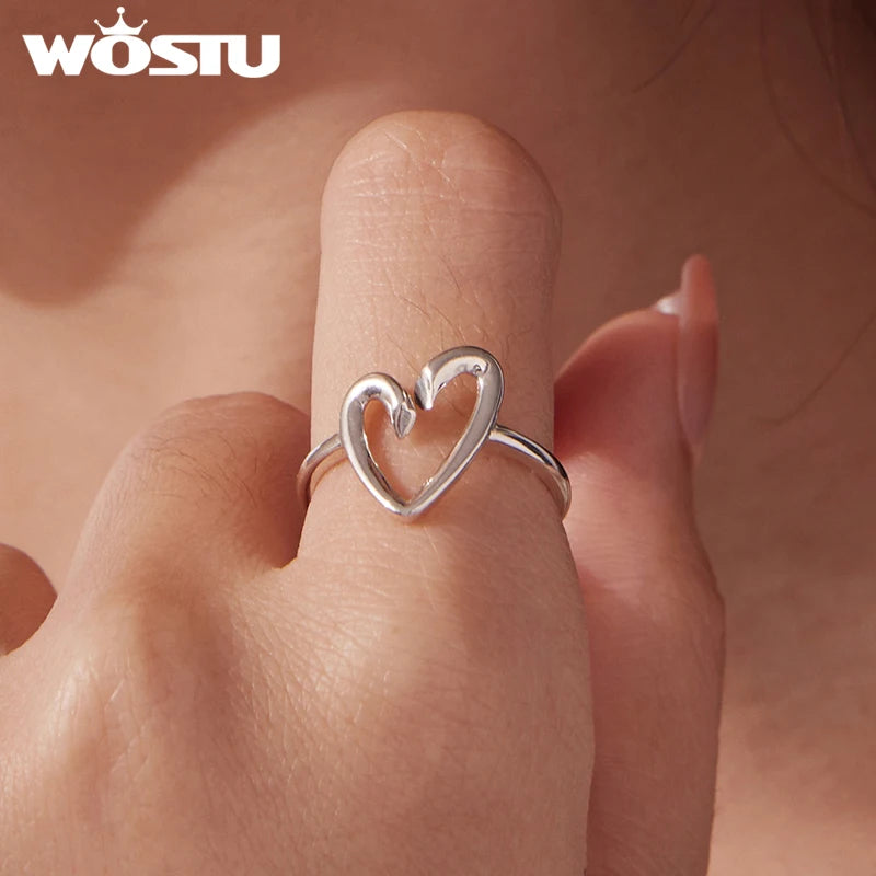 WOSTU Heart Shape Ring EDA Solid 925 Sterling Silver Dainty Adjustale Ring Minimalist Jewelry Gift for Her