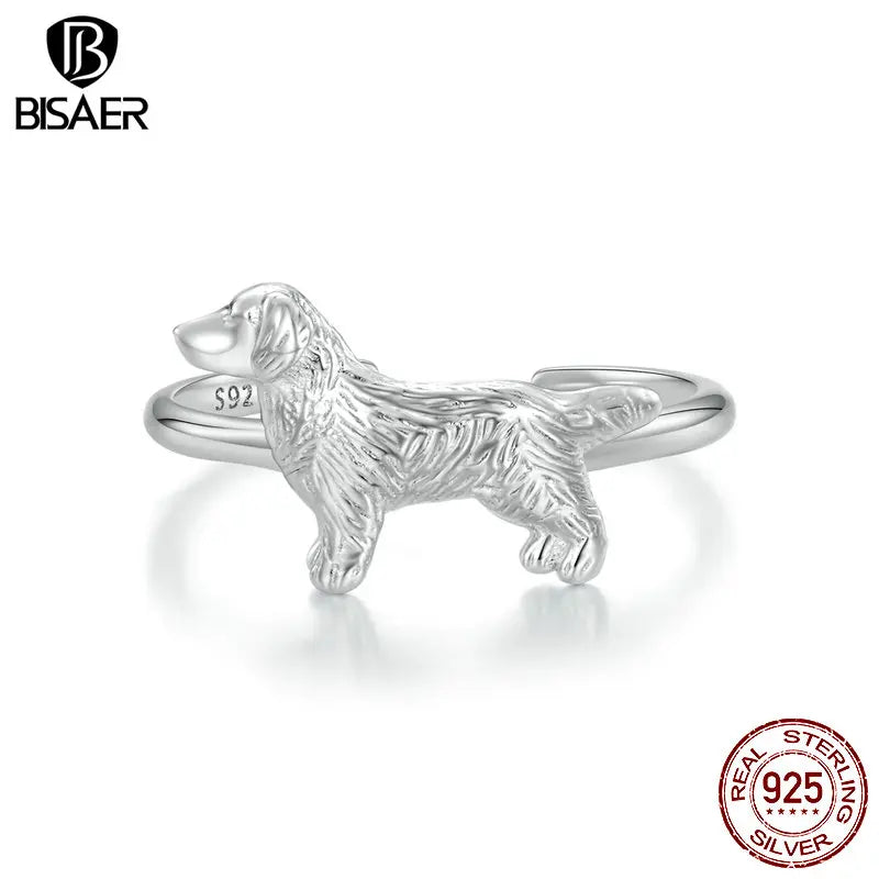 BISAER 925 Sterling Silver Cute Golden Retriever Open Ring Pet Dog Band Plated White Gold for Women Party Original Fine Jewelry