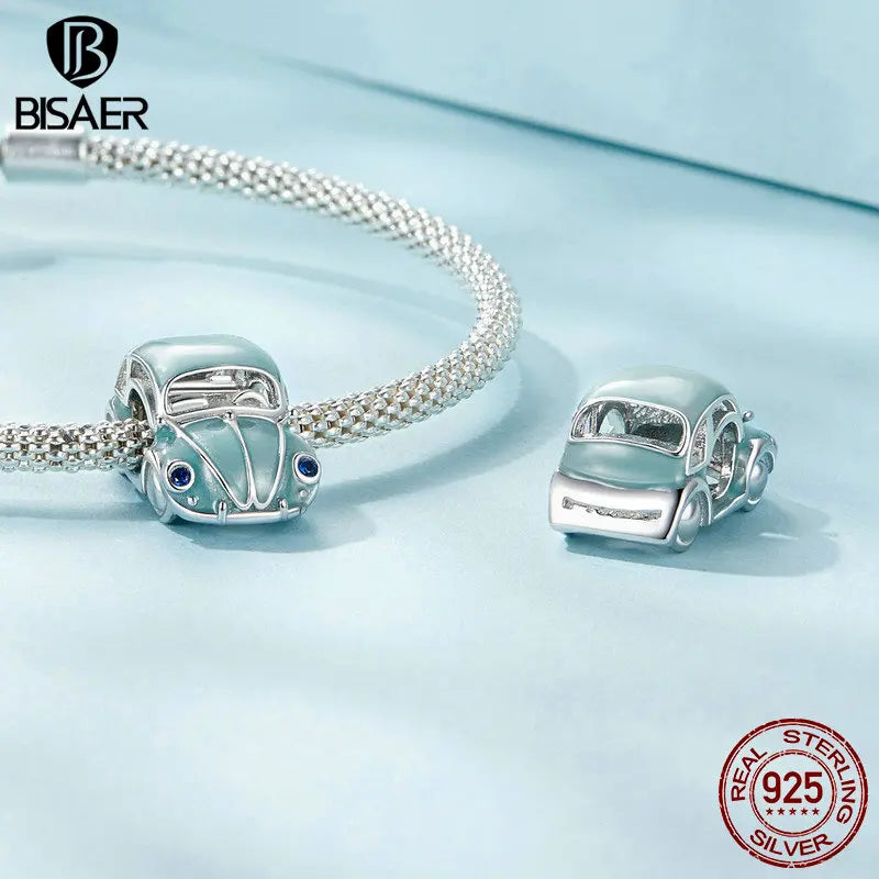 BISAER 925 Sterling Silber Auto Charms Perlen Bus Elektroauto Fahrrad Emaille Anhänger Fit Frau DIY Armband Halskette Edlen Schmuck