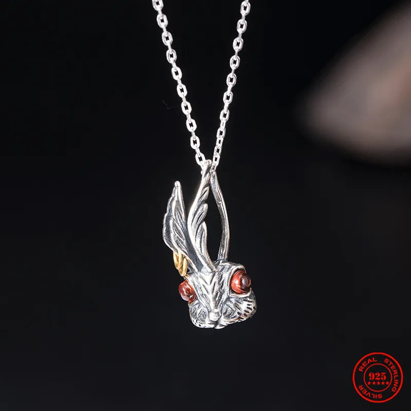 MKENDN 100% 925 Sterling Silver Punk Rock Long Ears Red Eyes Rabbit Pendant For Necklace Men Women Fashion Accessories Jewelry