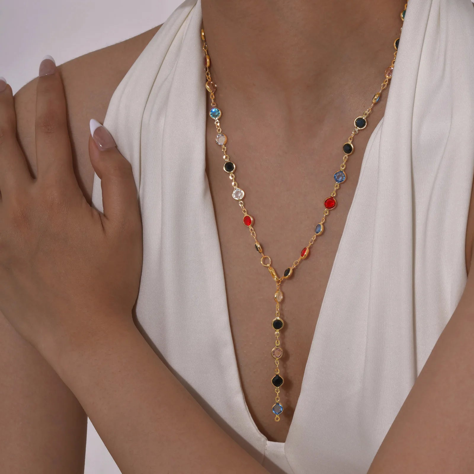 Vnox Dainty Colorful Glass Long Y-shaped Necklace For Women Round Heart Accessories Chain Necklace Neck Jewelry Trendy Style