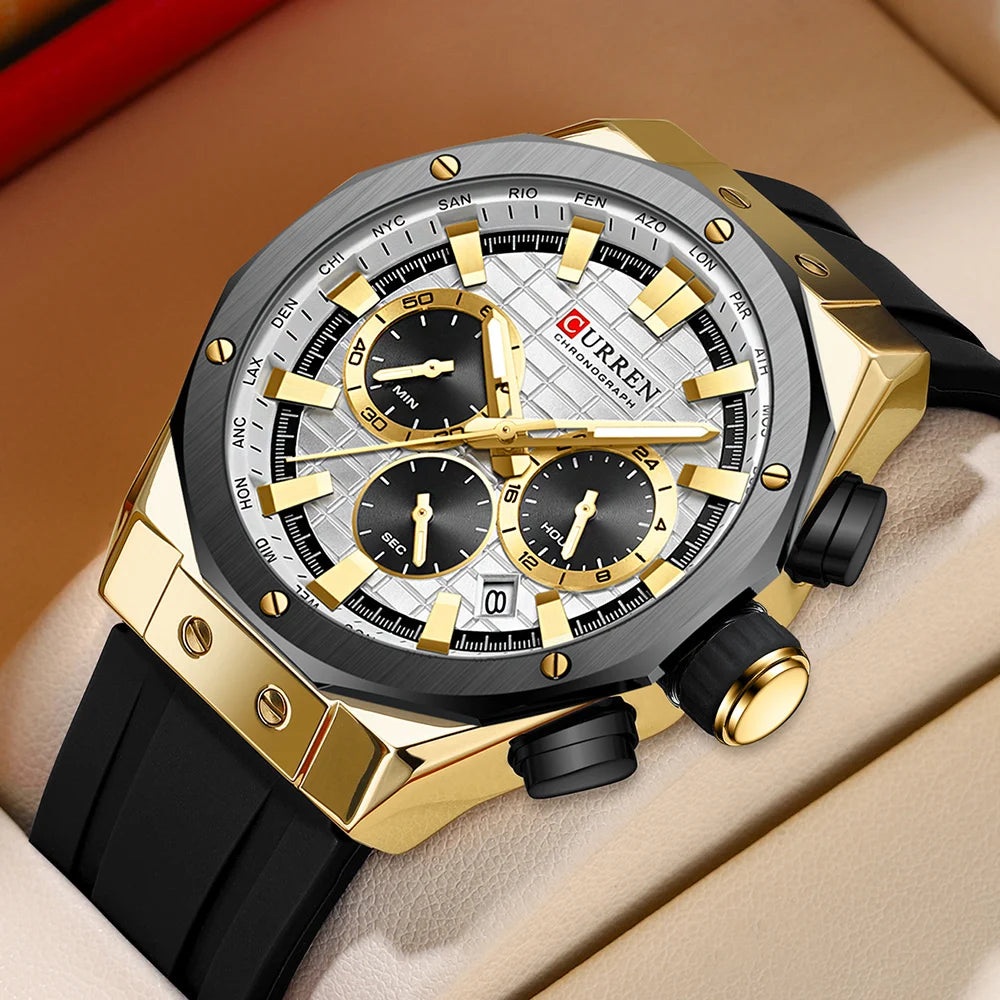 CURREN Casual Sports Quartz Watches for Men Silicone Band Business Chronograph Wristwatch with Date