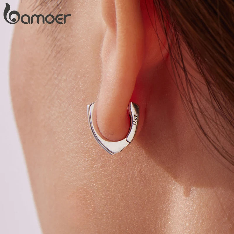 BAMOER 925 Sterling Silver Geometric Oval Ear Cuff for Women, Line Structural Cartilage Huggies Earrings Minimalist Jewelry Gift