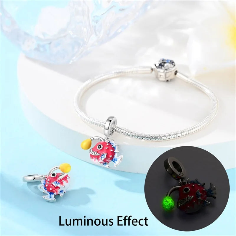 Summer Charms 925 Silver Luminous Lantern Fish Whale Ocean Beach Beads Fit 3mm 925 Original Bracelet DIY Cool Jewelry Making