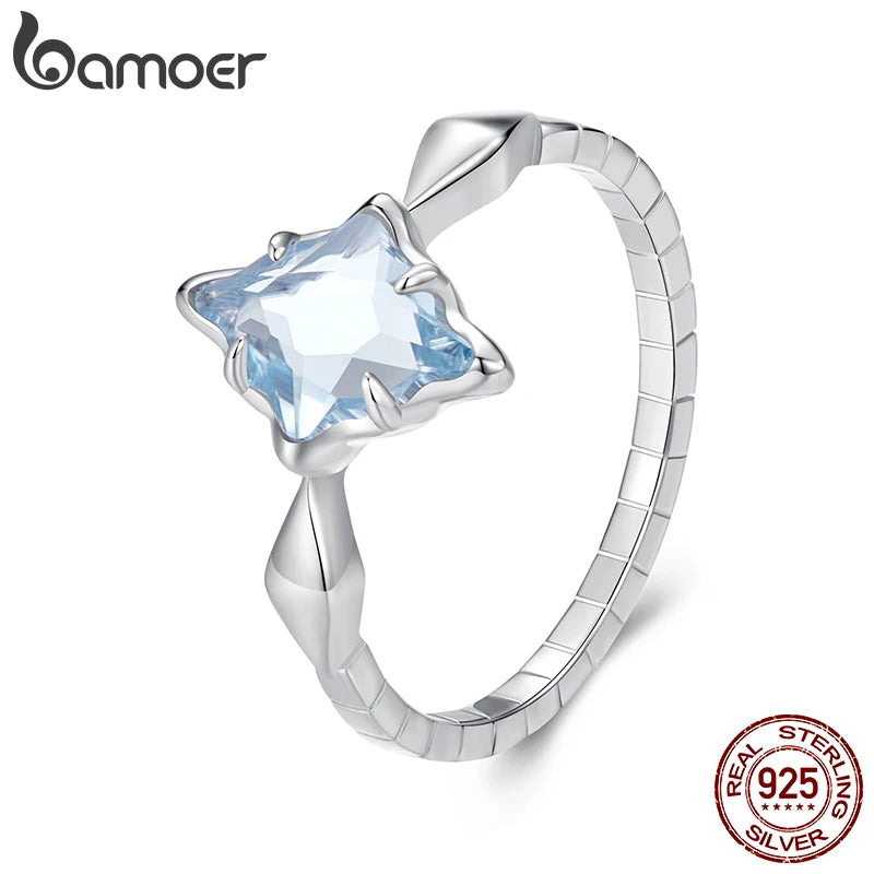 BAMOER 925 Sterling Silver Blue Starburst Ring, Chic Thumb Rings for Women Vintage Eternity Band Ring Jewelry BSR633