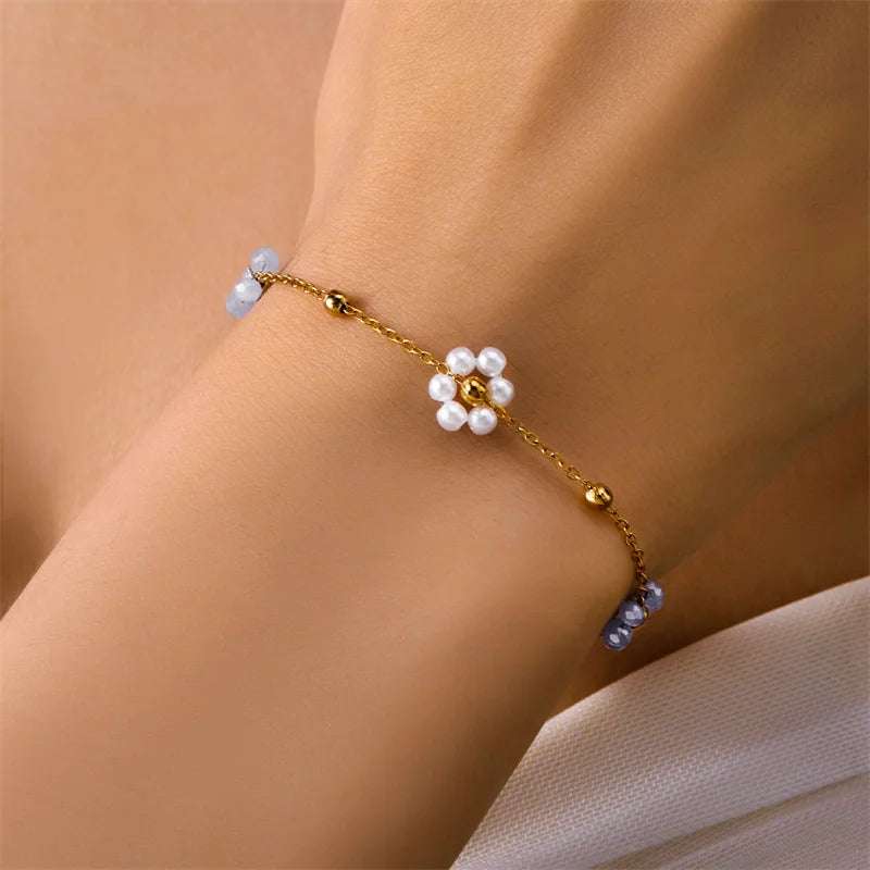 Korean Cute Flower Bracelet For Women Girls Exquisite Imitation Pearl Metal Beads Chain Wristband Party Minimalist Jewelry Gifts