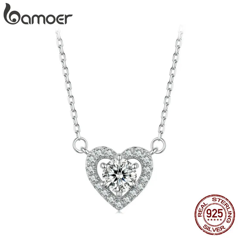 BAMOER 925 Sterling Silver Heart Moissanite Pendant Necklace 0.5CT D Color Brilliant Round Cut Lab Created Diamond for Women
