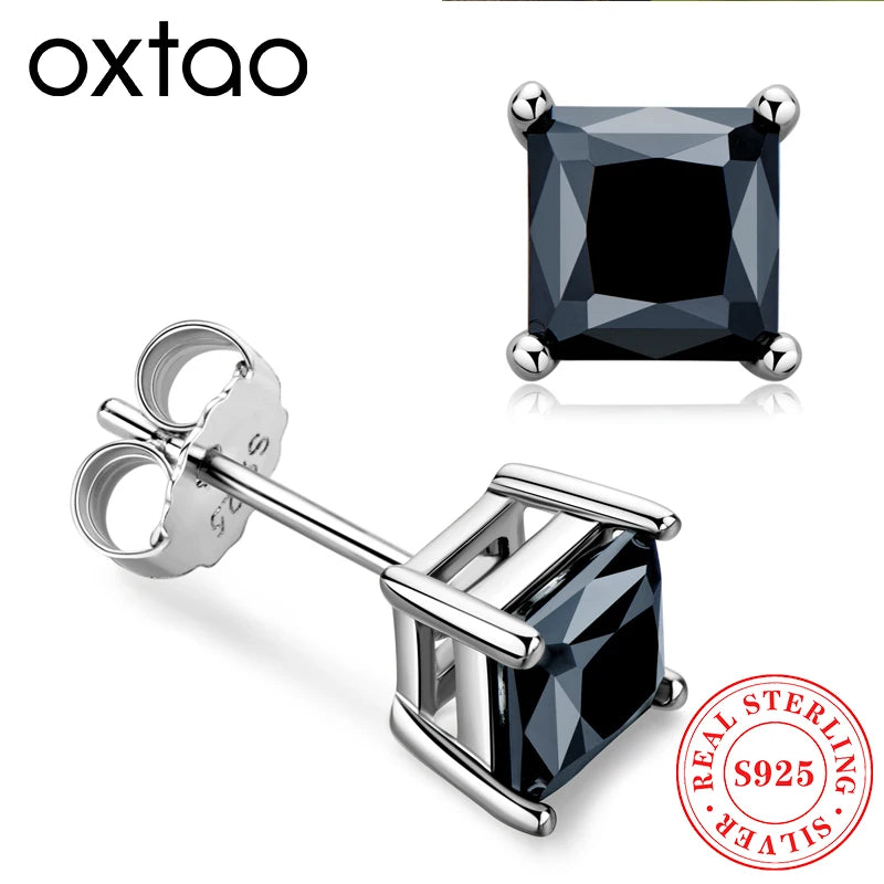 OXTAO Real 925 Sterling Silver Natural Black Agate Square Earrings 5.5mm Fashion Casual Simple Ear Stud for Party Gemstone Gift