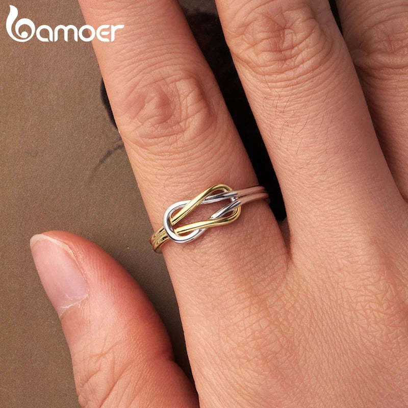 BAMOER 925 Sterling Silber Zweifarbiger Kreuzring, eleganter, polierter Doppelknotenring für Damen, Teenager und Mädchen – ein tolles Geschenk für Partys