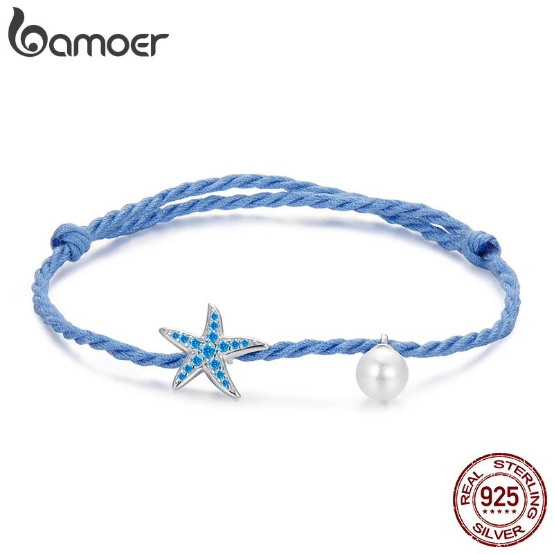 BAMOER 925 Sterling Silber Seestern-Perlenarmband, verstellbare Länge, Boho-Stil, Partyschmuck, Geburtstagsgeschenk für Frauen
