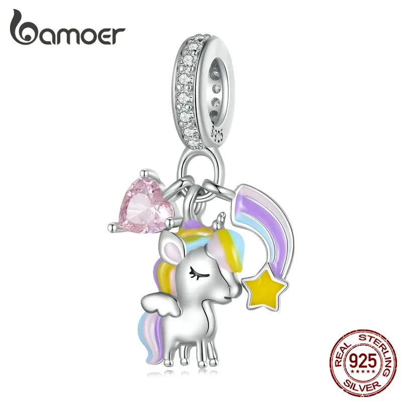 Bamoer 925 Sterling Silber Regenbogen & Einhorn Perle Hübscher Pferdeanhänger Charm für Damen Original Halskette Armband SCC2468